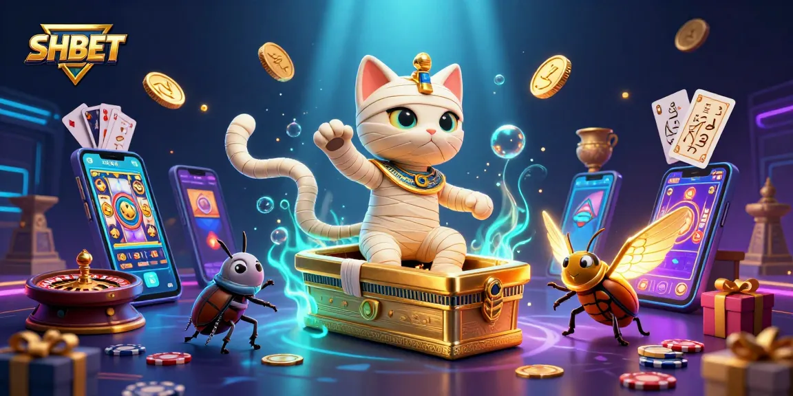 Play thrilling casino games with SH BET featuring an Egyptian mummy cat and golden scarab in a pyramid.