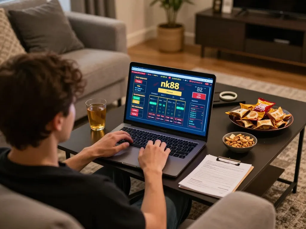Engaging with nk88 online casino on a laptop from a cozy home setting, promoting responsible gaming