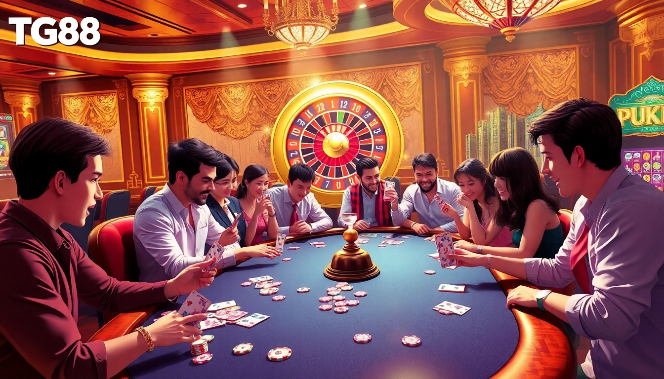 Engaged gamblers celebrating a win with TG88-themed casino elements, vibrant chips and cards in action.