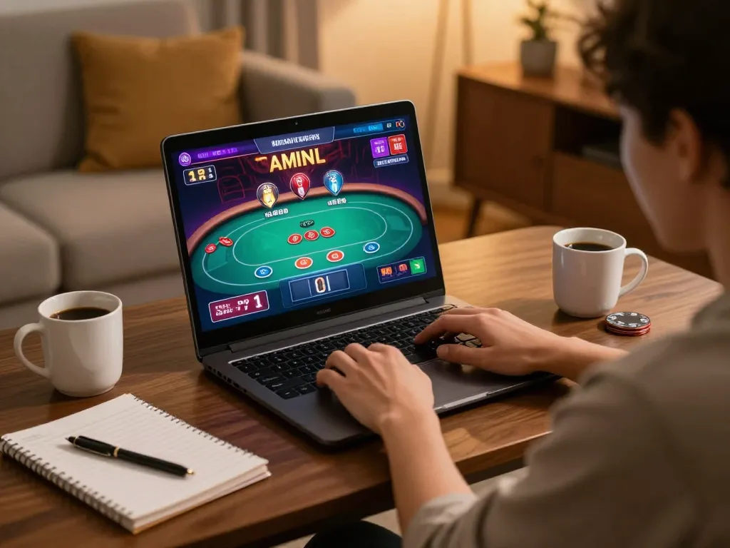 Engaging online poker gameplay on https://www.dacsandatphanrang.com/ with vibrant interface and cozy home setup.