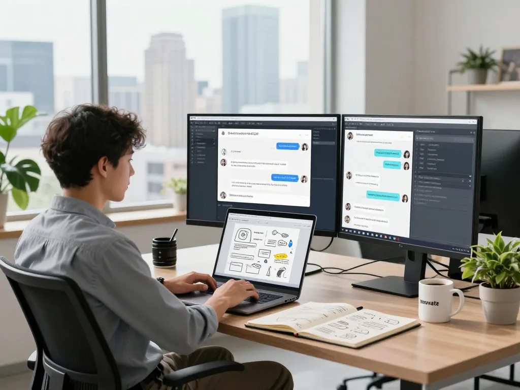 Developer utilizing juicy ai in a modern workspace with multiple screens displaying AI chat interactions.