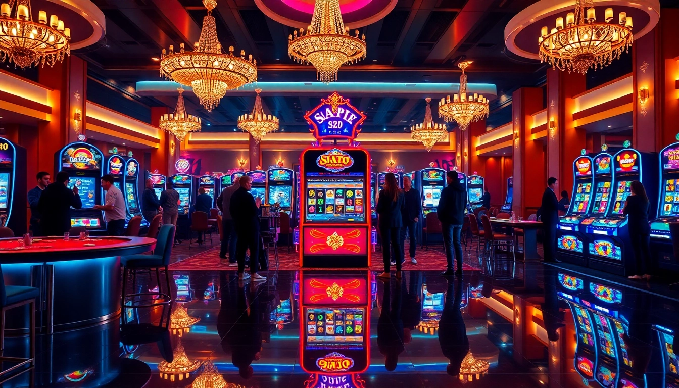 Excited players engaging with the vibrant slot88 machines in a luxurious casino environment.