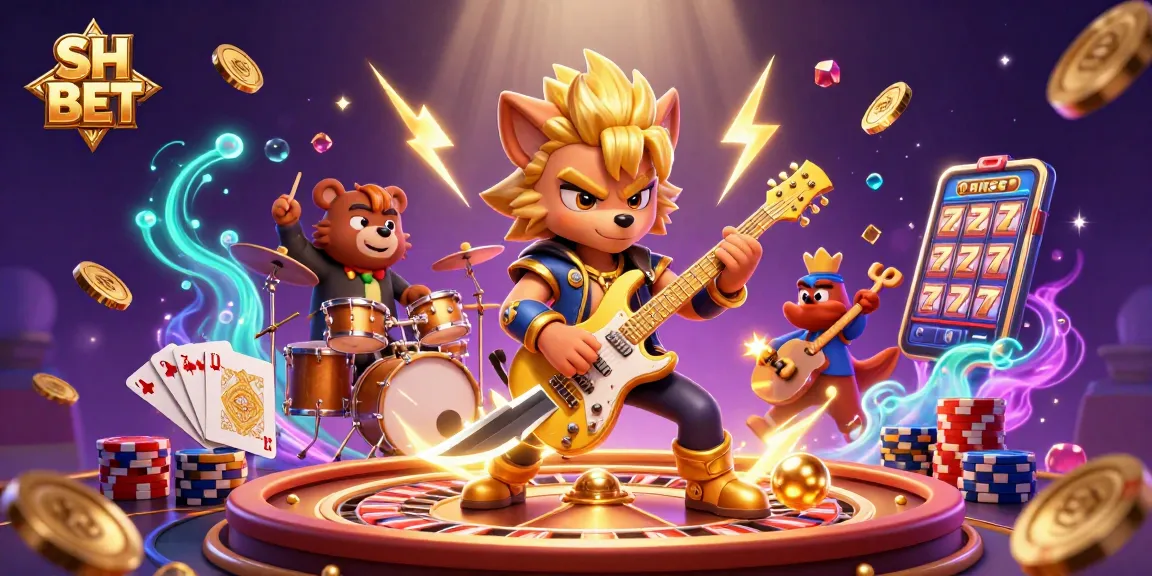 Experience the excitement of SH BET with a rock star wolf and drummer bear on a vibrant casino stage.