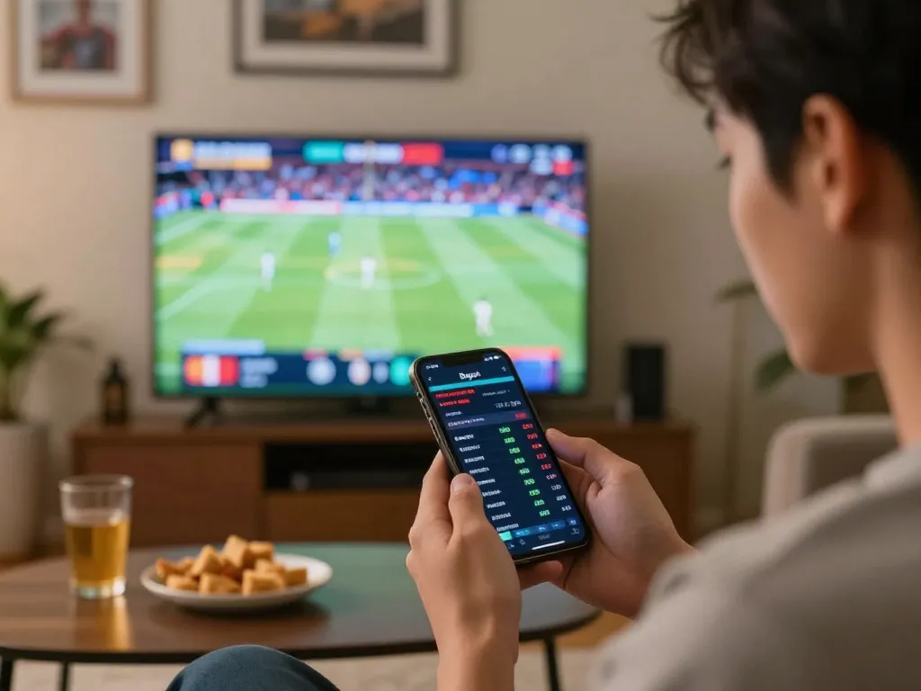 Person analyzing betting odds on Bsport app during a live sports game in a cozy setting.
