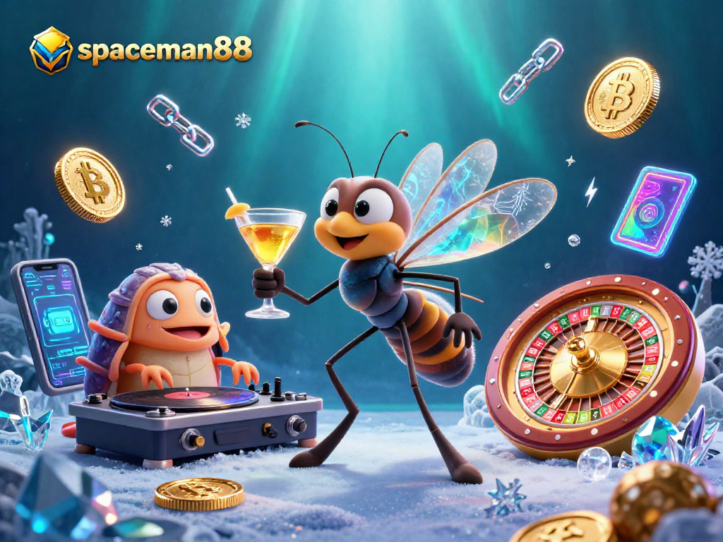 Play with spaceman88 in a vibrant casino scene adorned with crypto and classic slot elements.