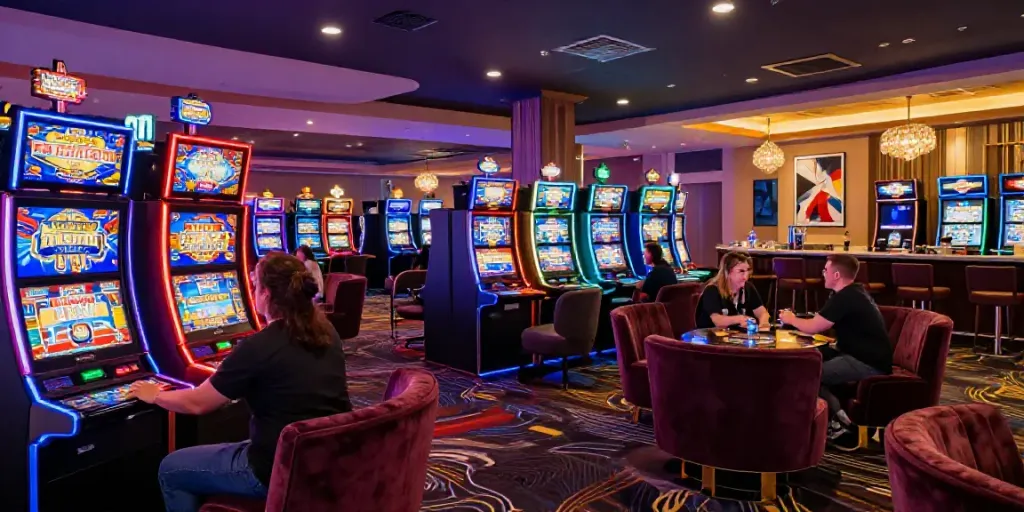 Exciting scene of players enjoying loket88 slot machines in a vibrant lounge atmosphere.