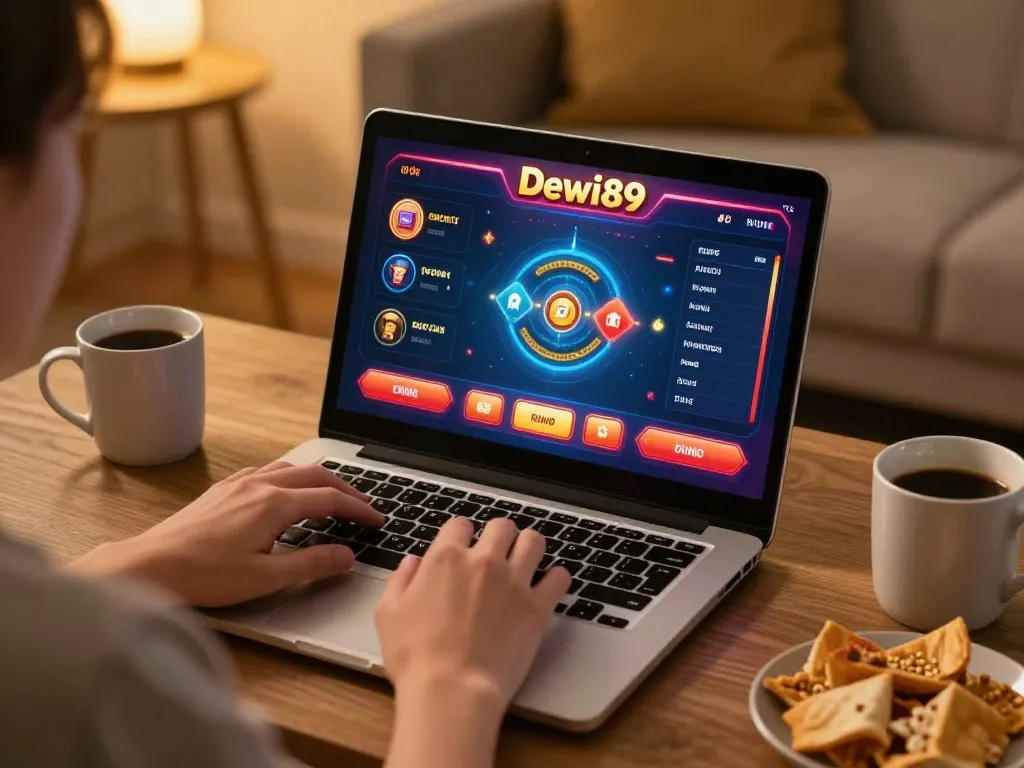 Terlibat dalam permainan Dewi89 secara online di rumah, menampilkan suasana santai dan fokus strategis.
