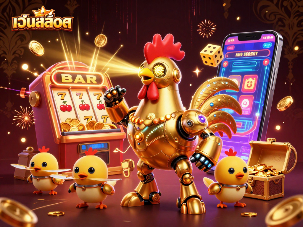 Engage with เว็บสล็อต's thrilling casino adventure featuring a golden rooster robot, jackpot explosions, and dynamic gaming elements in 3D.