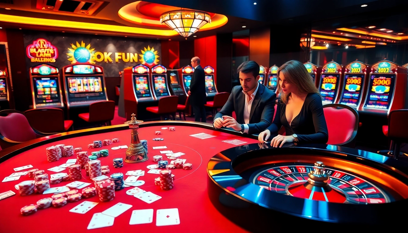 Exciting casino scene showcasing OKFUN gaming tables and vibrant poker chips.