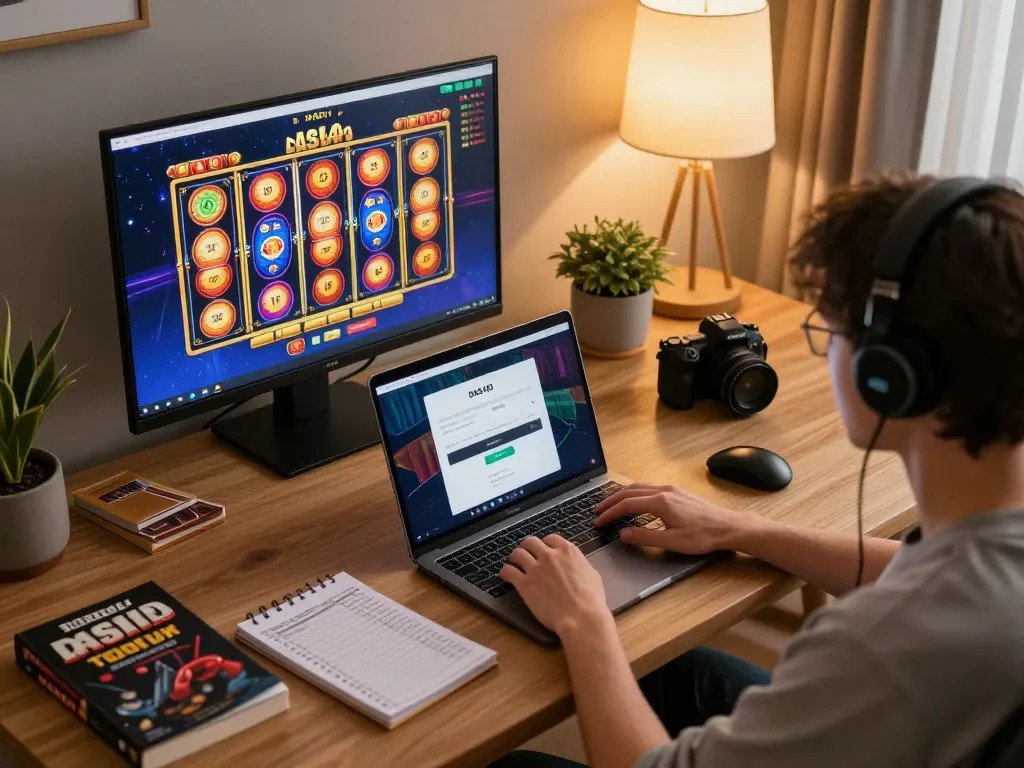 Pemain terlibat dalam login DASI4D di laptop untuk slot online dengan catatan strategi taruhan terlihat.