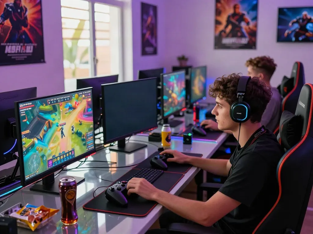 Akanjp gaming room with a gamer focused on a vibrant game interface, showcasing modern gaming elements.