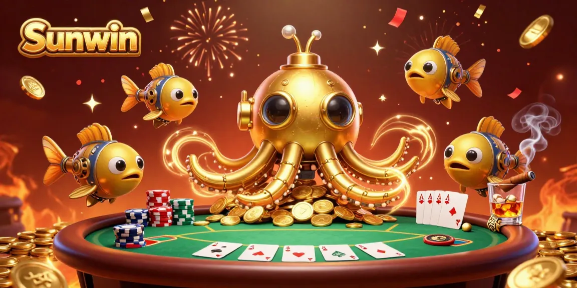 Sunwin showcases a golden kraken submarine in a vibrant casino scene with poker elements and a celebratory vibe.