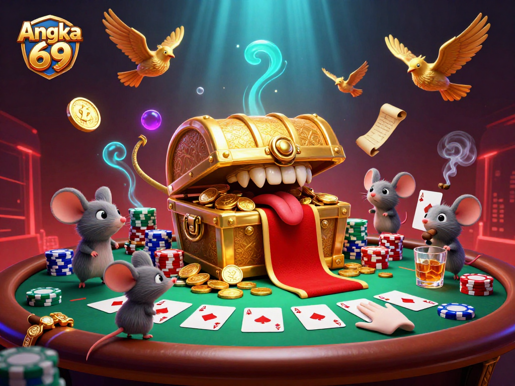 Spin and win at Angka 69, featuring a vibrant casino scene with adventurer mice, poker elements, and dynamic gameplay.