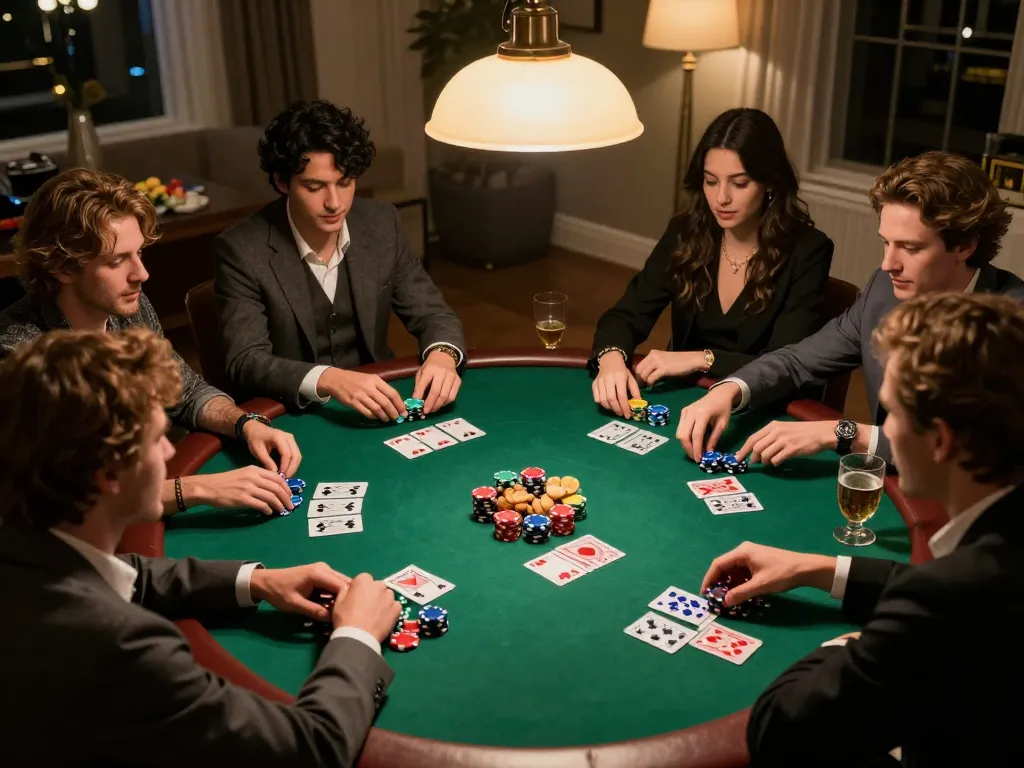 Friends playing poker in a cozy home setting, highlighting strategic interactions at the b52club