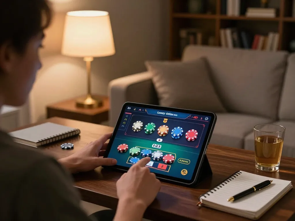 Player using a tablet for blackjack at home, highlighting 789f nhà cái gaming experience