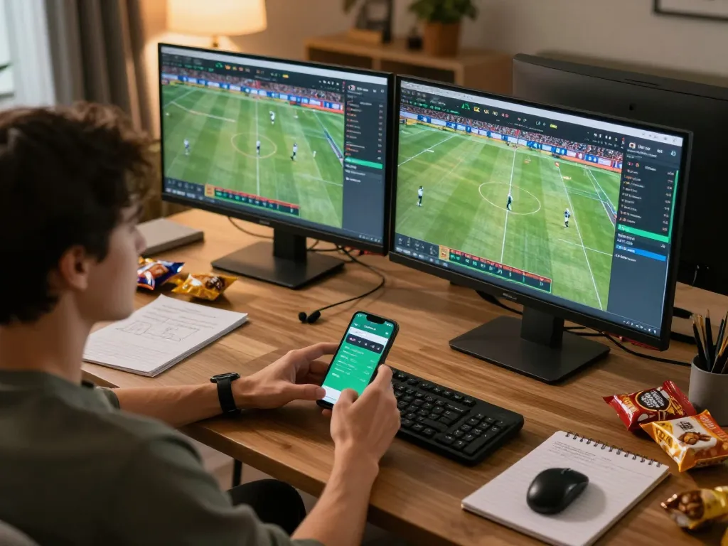 Engaged user analyzing live sports on Nowgoal app while placing bets from home desk