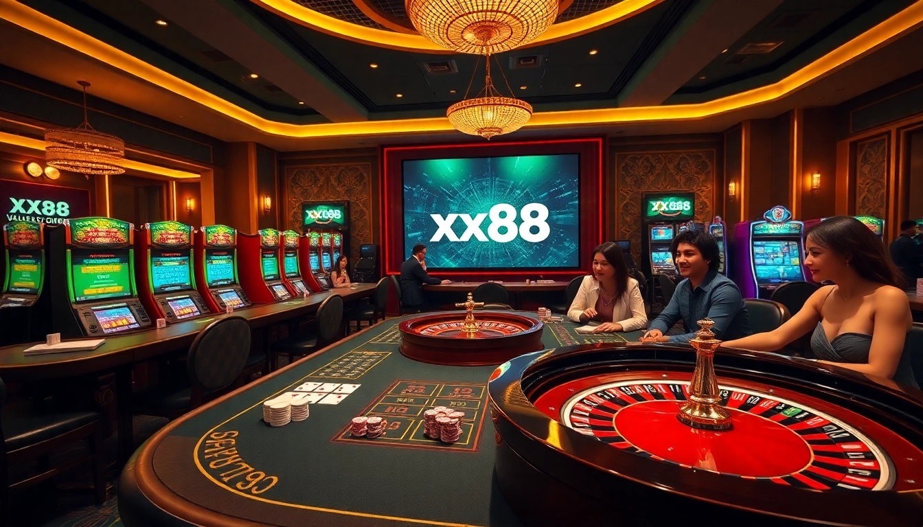 Exciting game action at xx88 com casino with roulette wheel and players engaged.