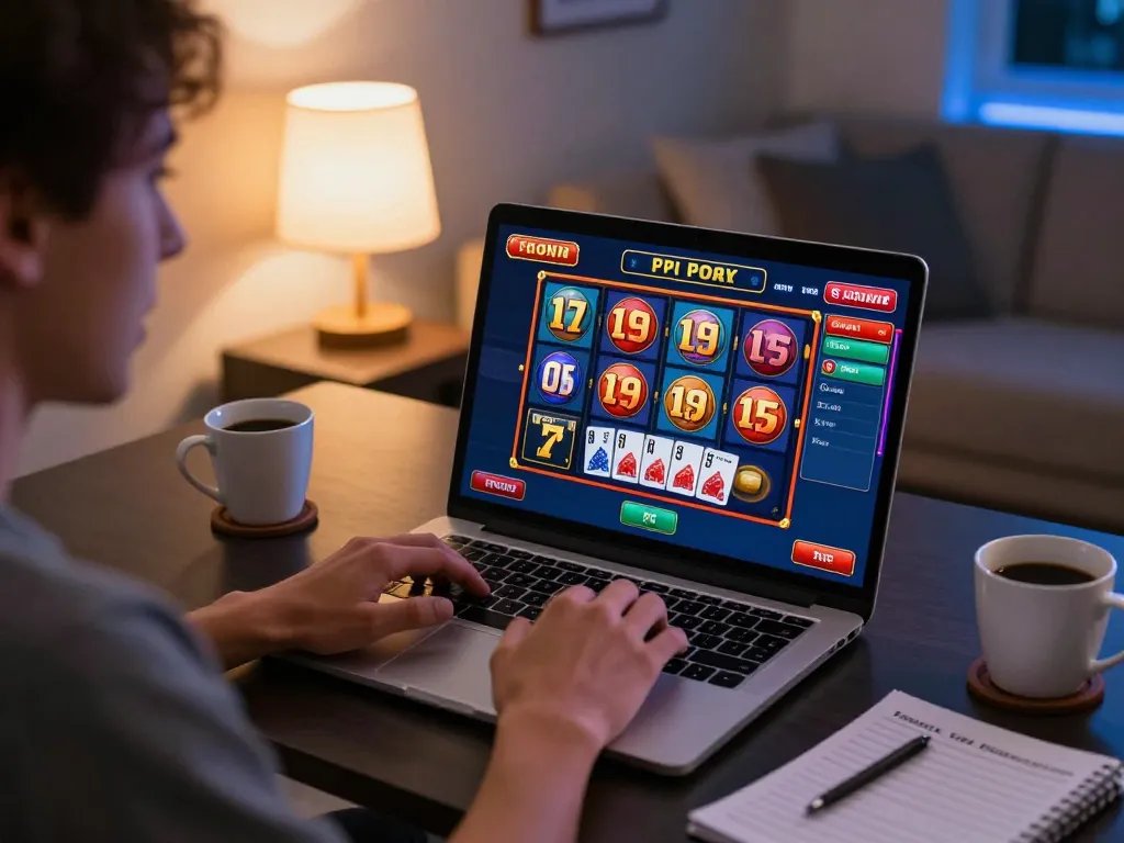 Engaged player enjoying real-time action at online USA casinos on a laptop, showcasing excitement and strategy.