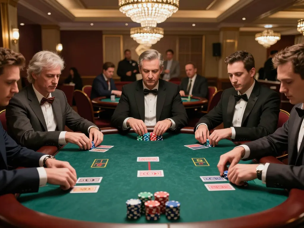 Players strategizing at a poker table in luxury casino, engaging in high-stakes gameplay at https://fc88bet.uk.com