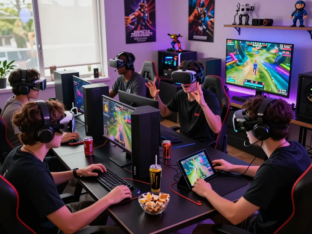 Gamers engaging intensely in multiplayer session showcasing sunwin9 cocom experience with high-tech setups and vibrant atmosphere.