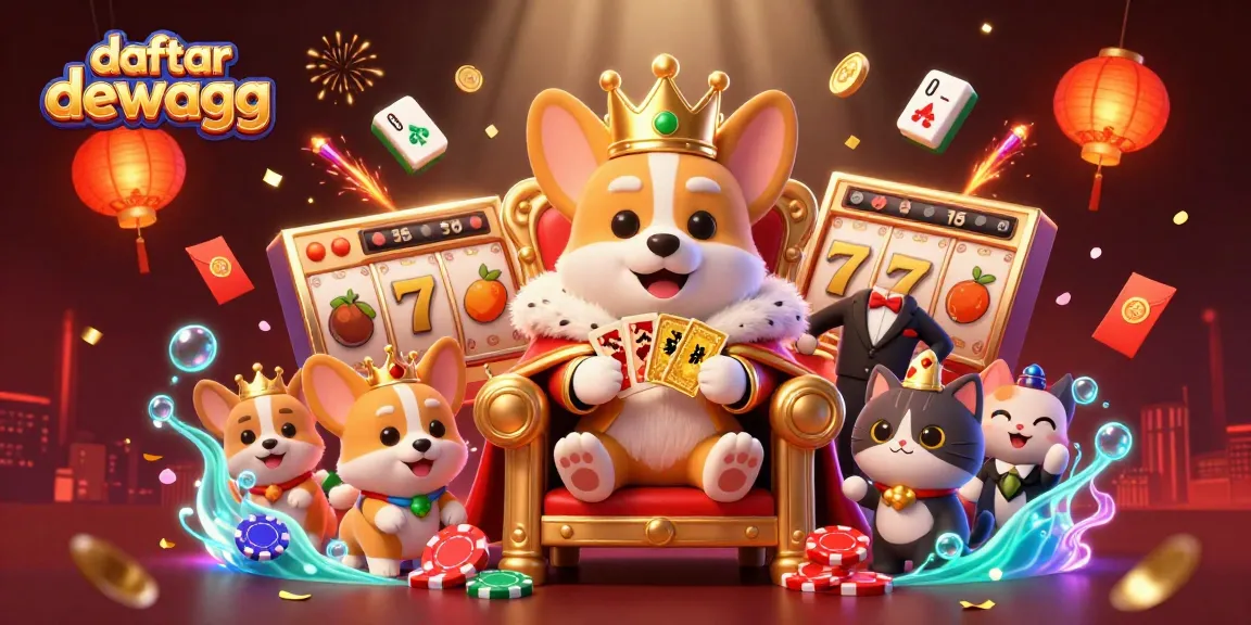 Play exciting games with daftar dewagg at a vibrant online casino featuring a royal corgi throne.