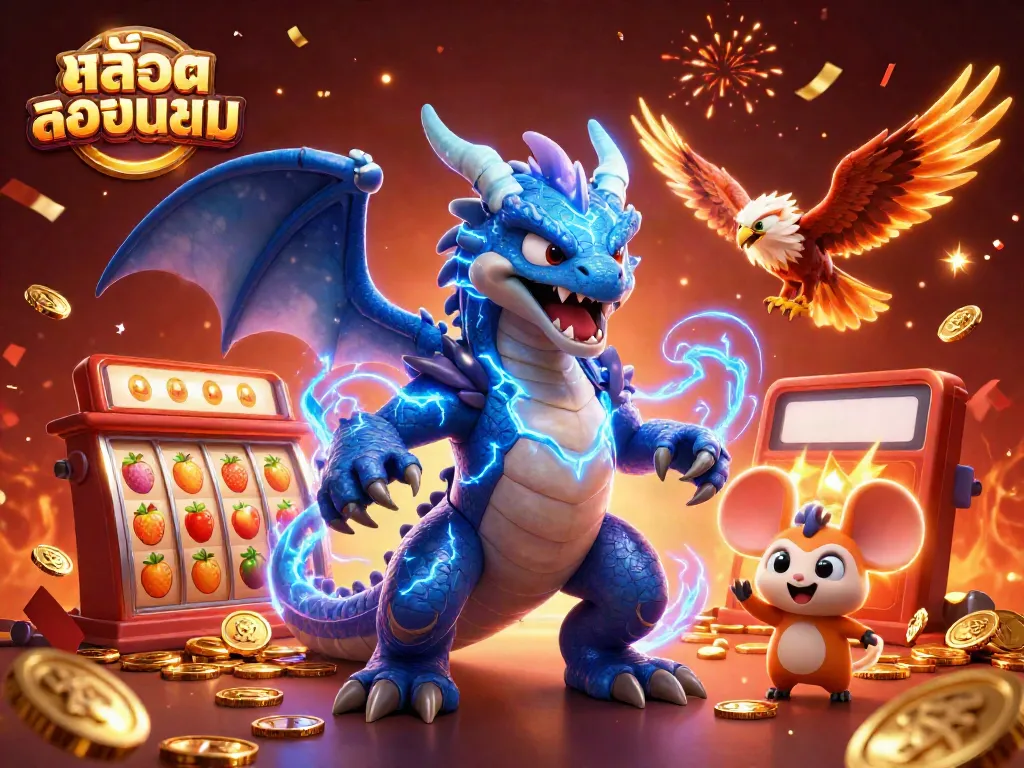 Experience exciting gameplay with สล็อตยอดนิยม featuring a thunder dragon, wind hawk, and thunder mouse in a vibrant casino scene.