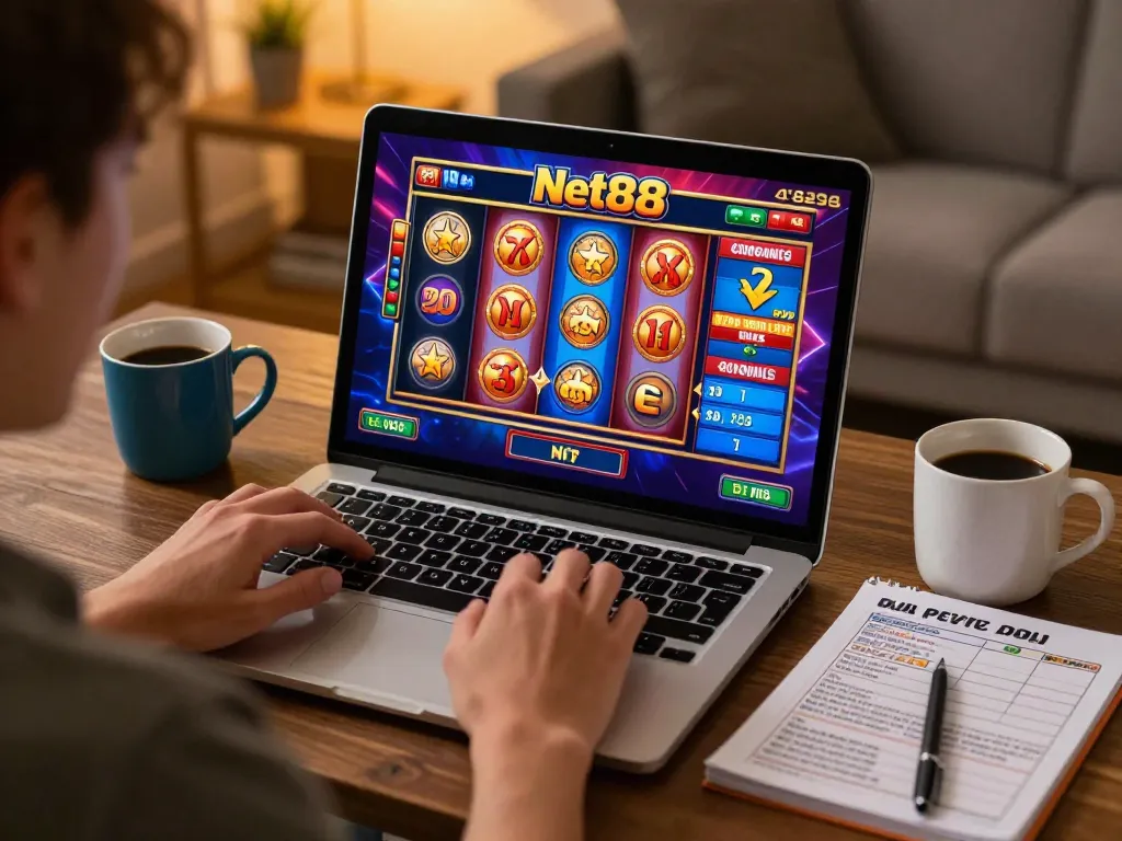 Engaged player enjoying a thrilling net88 casino slot game on their laptop in a cozy home setting.