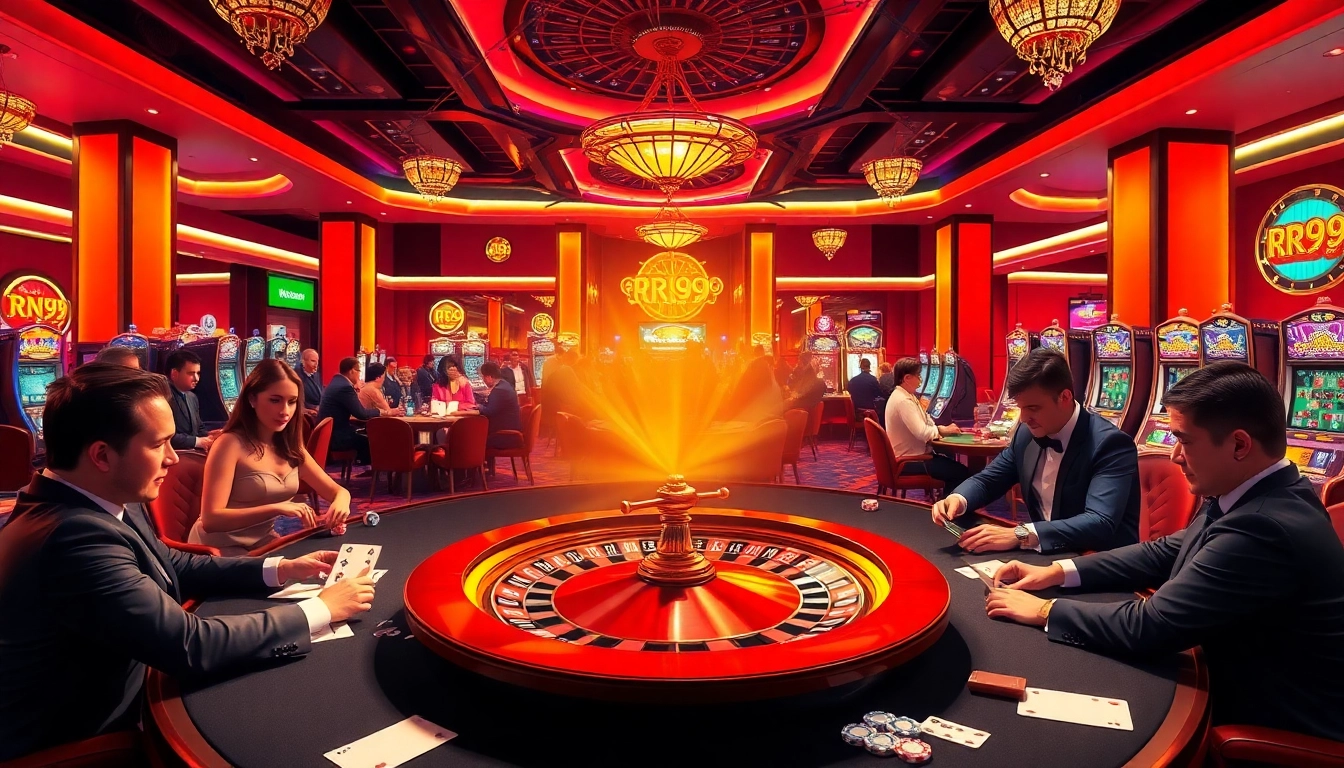 Experience high stakes at the rr99 roulette table surrounded by vibrant players and luxurious casino elements.