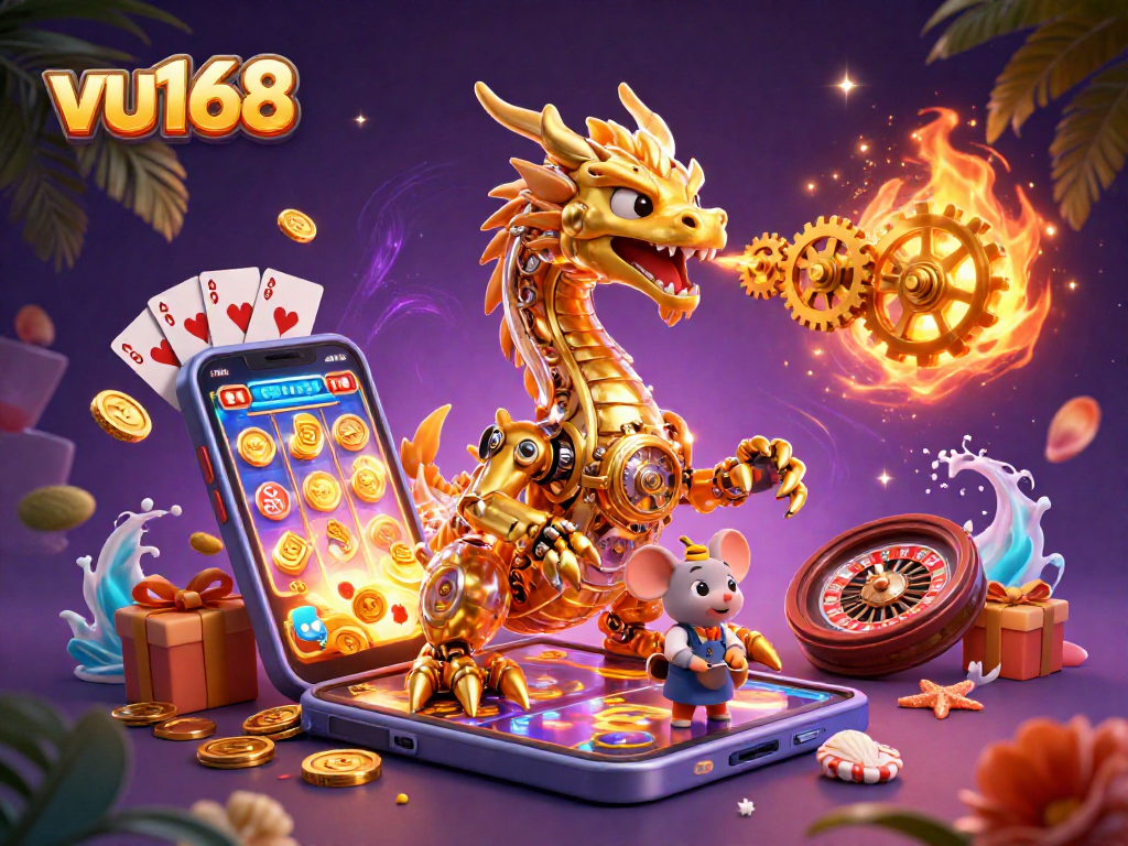 Play thrilling games at vu168 with a vibrant scene featuring a golden dragon and exciting casino elements.