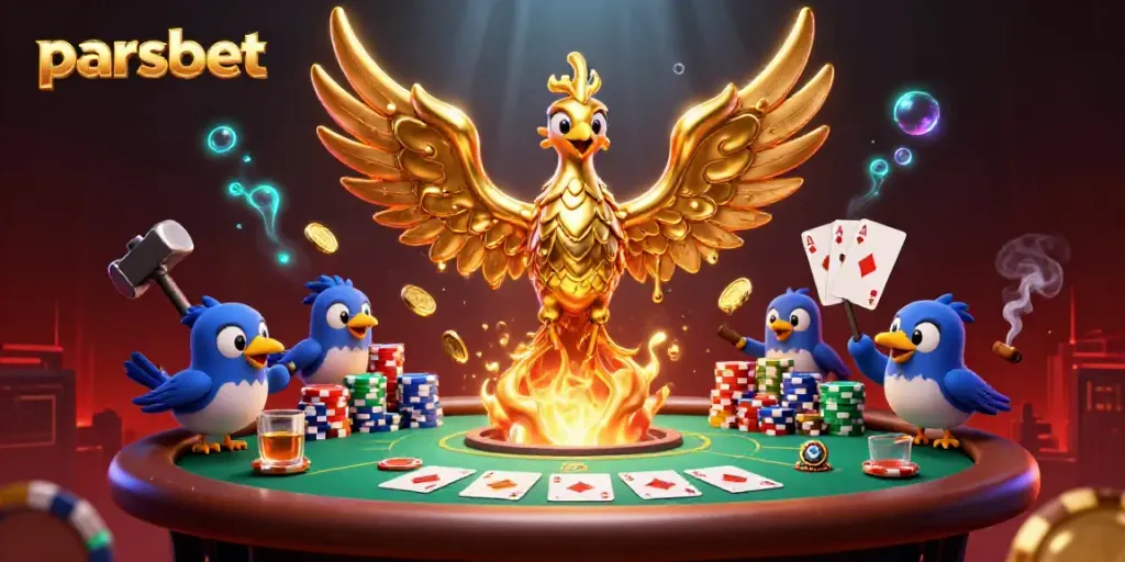 Parsbet ile dolu bir 3D casino sahnesinde, altın bir anka kuşu ve poker masası yer alıyor.