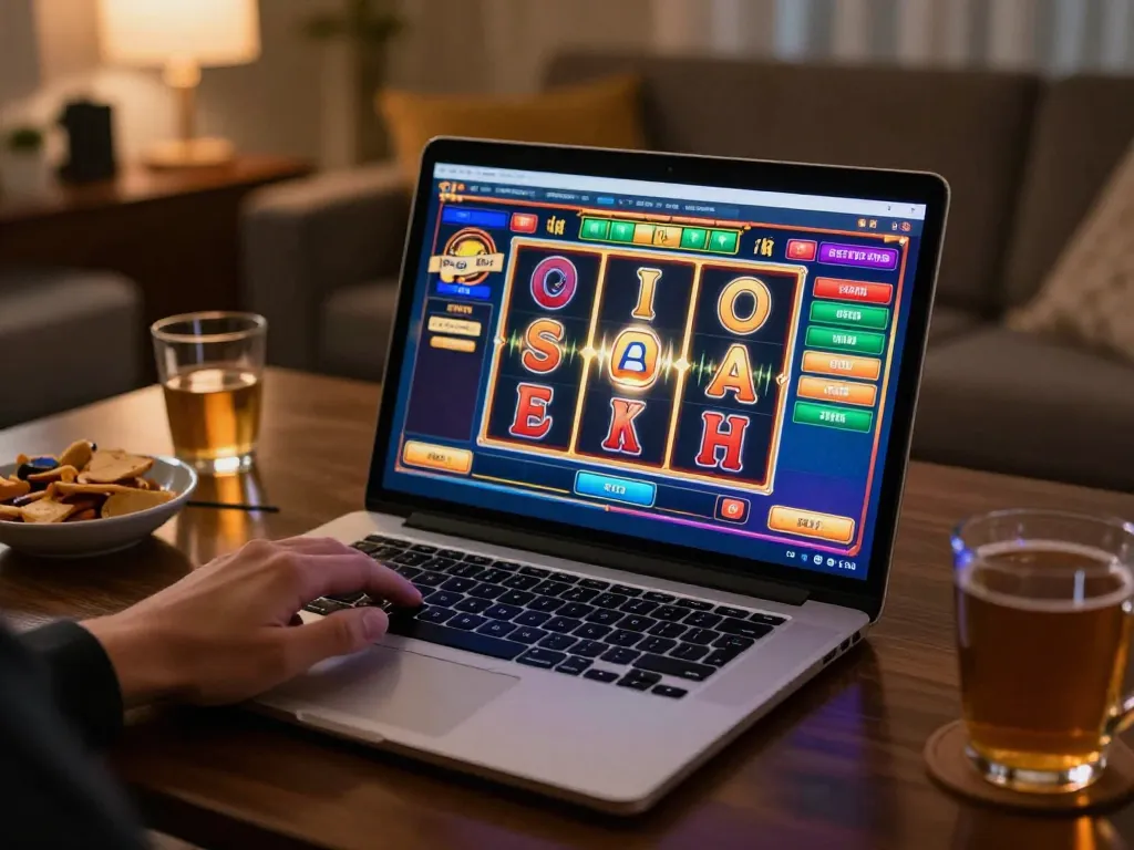 Pemain berinteraksi dengan antarmuka permainan slot aman788 di laptop di rumah, dikelilingi oleh suasana yang nyaman.