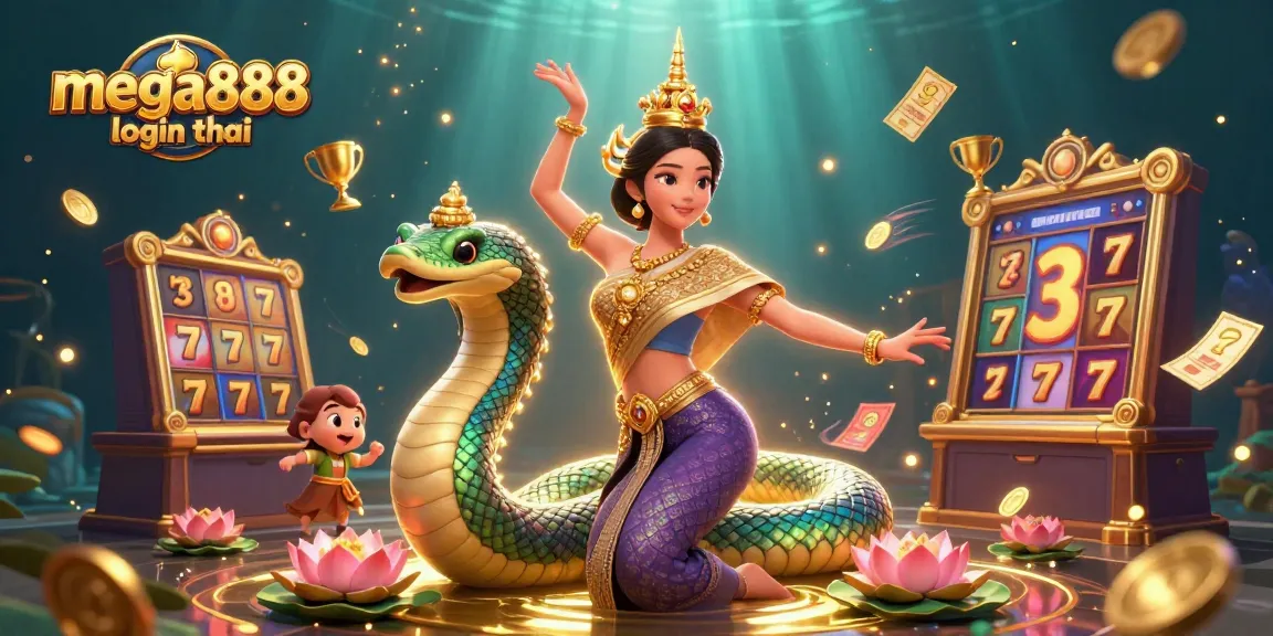 Mega888 login thai highlights thrilling gaming experience with captivating 3D illustration of a Thai dancer and vibrant gaming elements.