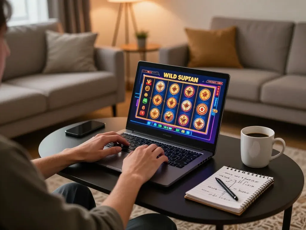 Person enjoying online gaming at Wild Sultan fr on laptop, showcasing engaging slot graphics in cozy environment.