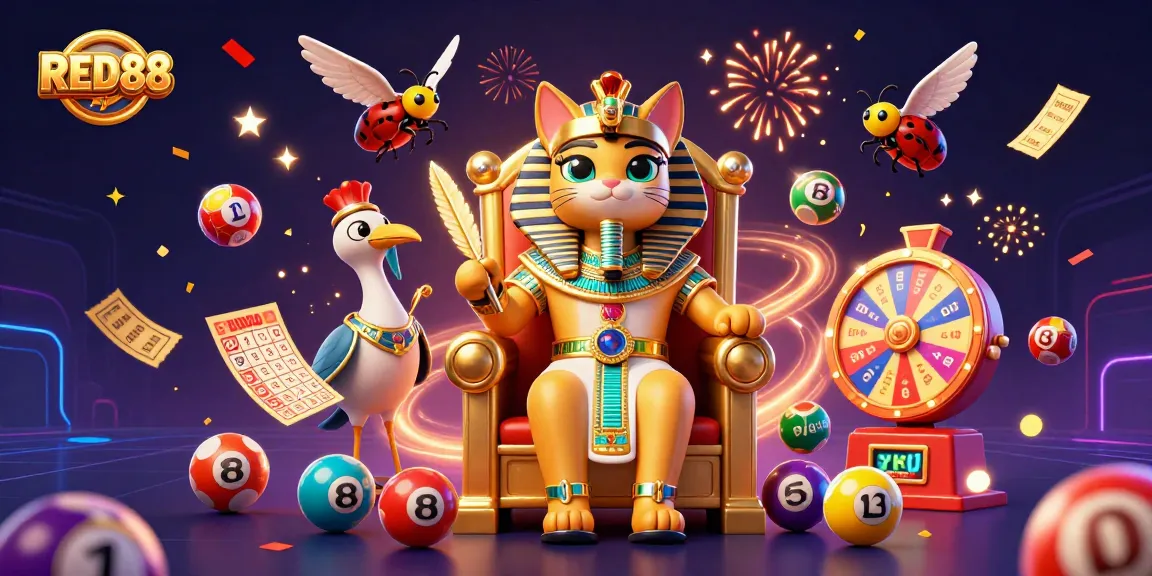 Experience thrilling gaming with RED88 featuring a 3D Egyptian pharaoh cat and festive lottery elements.