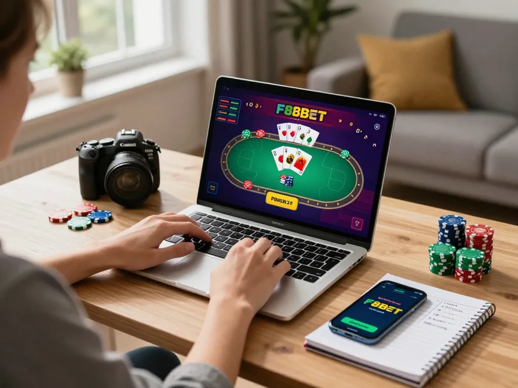 Person engaging with F8BET online casino on a laptop, showcasing a strategic gaming environment with vibrant visuals.