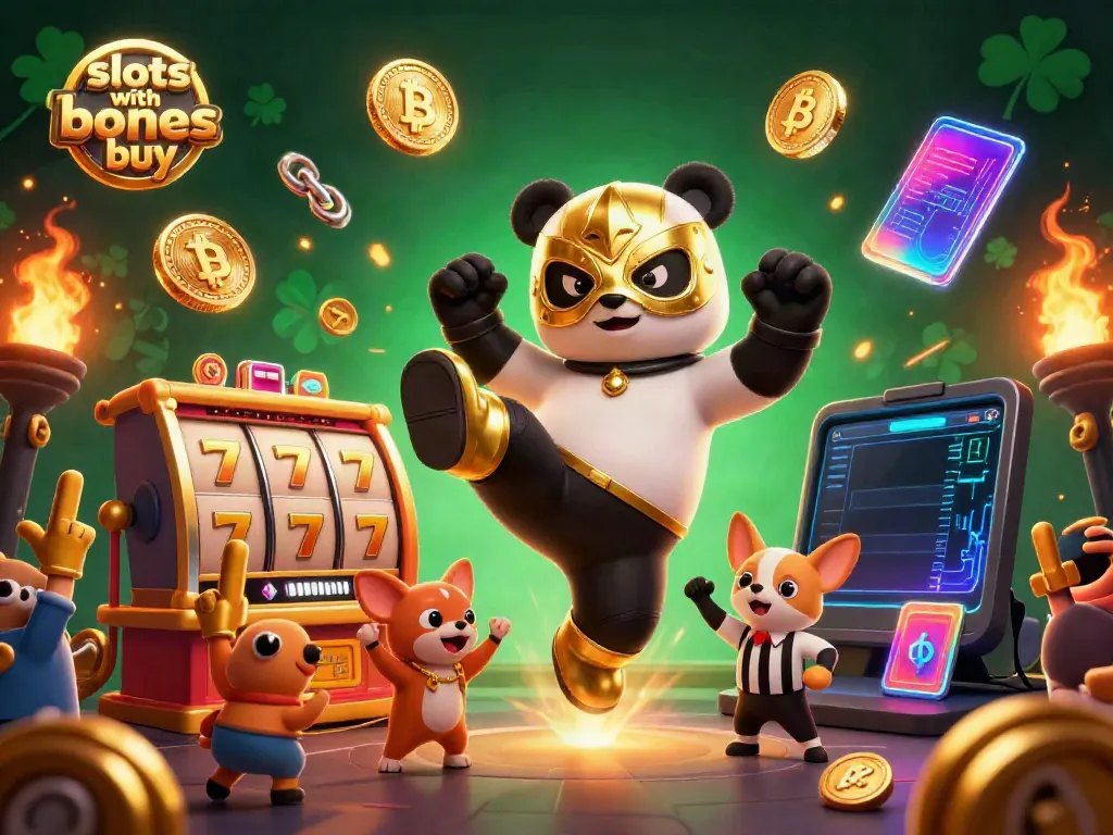 Engage with vibrant slots with bonus buy gameplay featuring a luchador panda kicking, crypto elements, and cheers from animal fans.