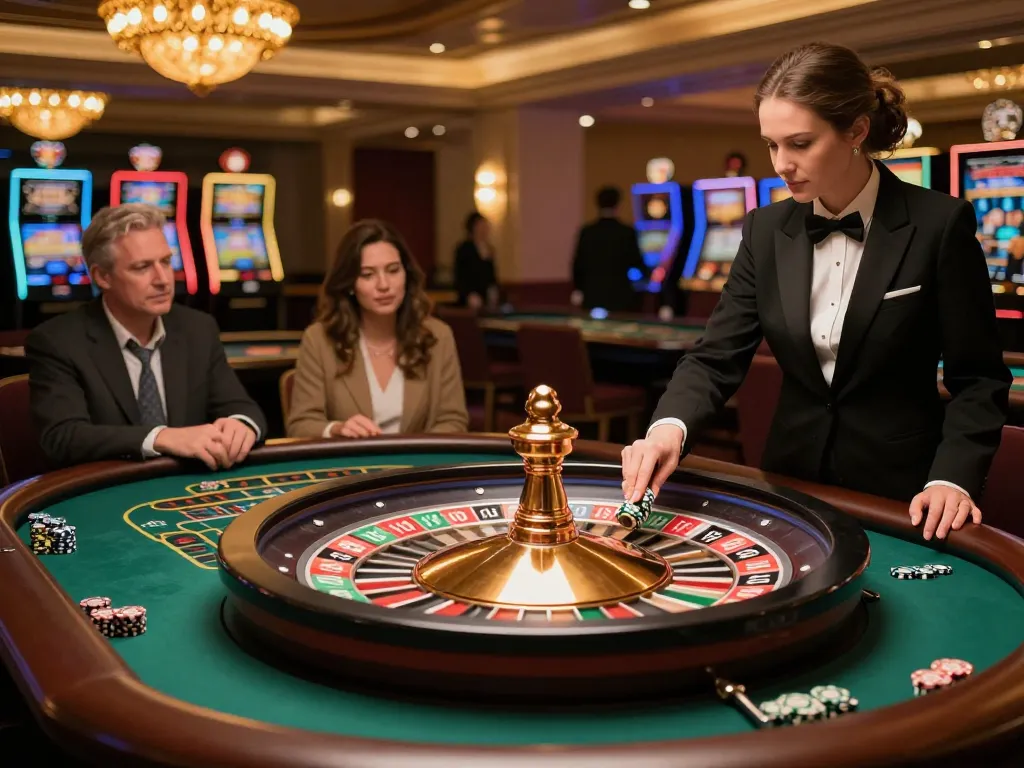 Pemain yang mengamati roda roulette di kasino yang stylish, websitedevuk menghadirkan suasana perjudian yang menarik