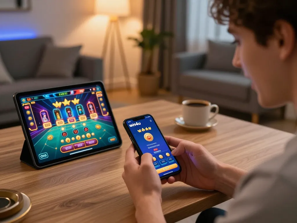 Player enjoying mobile gaming with the win4u apk, showcasing an exciting win on their smartphone