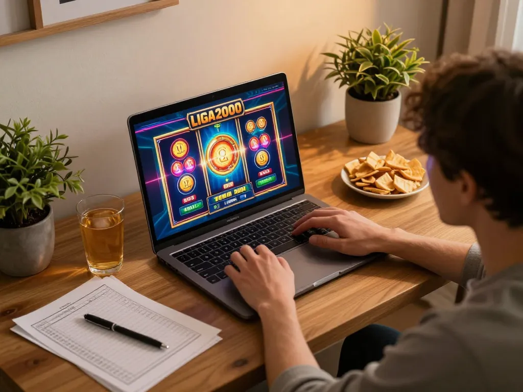 LIGA2000 player engaging with thrilling online slots in a cozy home setting