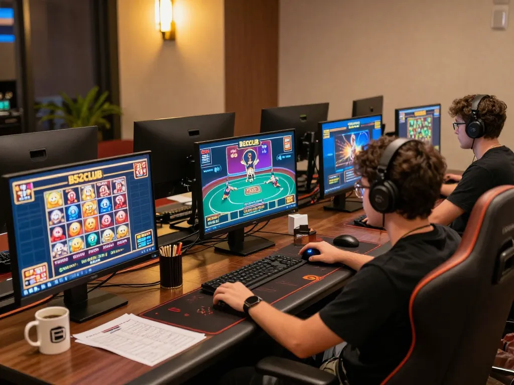 B52CLUB player engaging in online casino gaming with vibrant screens and strategy notes