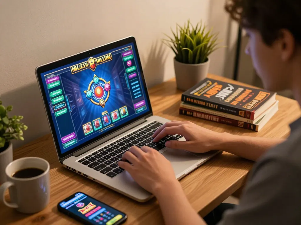 Pemain Bintangmpo terlibat dengan permainan slot online di rumah, menunjukkan pengaturan permainan yang bertanggung jawab.
