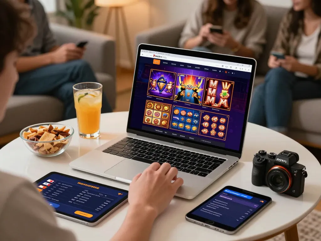 Skema permainan online interaktif dengan permainan slot berwarna-warni di antarmuka situs slot gacor, menggambarkan suasana sosial yang menarik.