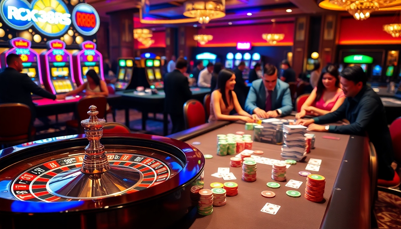 Players enjoying their gaming experience at the rr88 casino with roulette and poker tables.