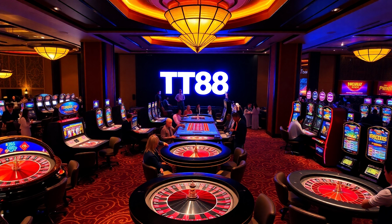 Players enjoying various games at TT88 casino, featuring slot machines and poker tables.