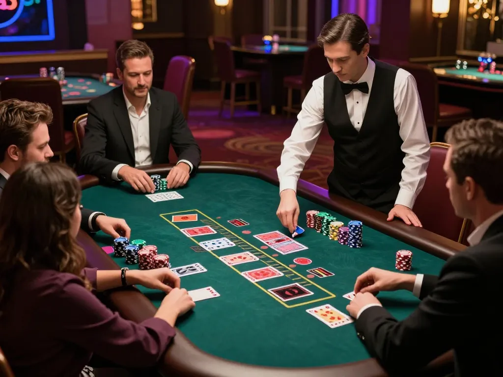 Players engage at a F8BET blackjack table with a professional dealer, showcasing dynamic gameplay.