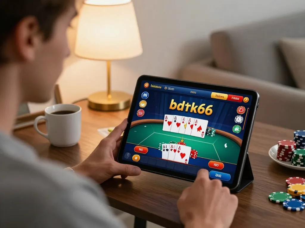 Engaging in bdtk66 online gaming on a tablet in a cozy home environment, highlighting strategic poker play.