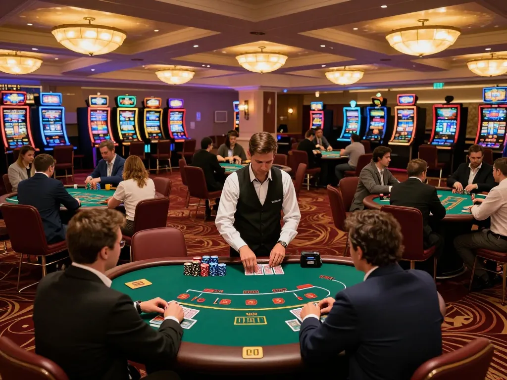 mm88 players engaging at blackjack tables in a lively, upscale casino atmosphere