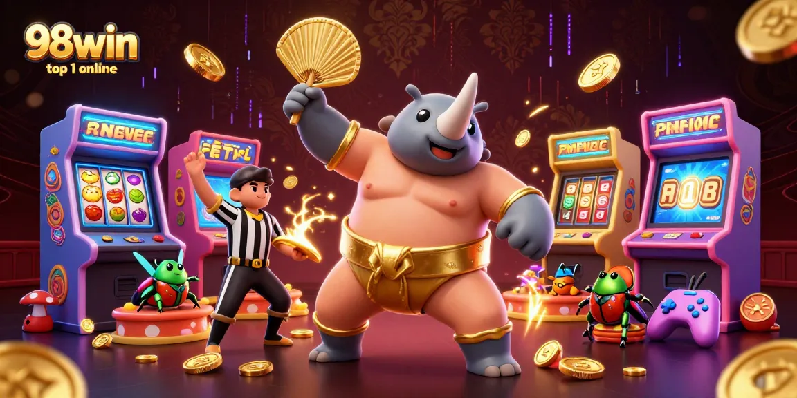 Experience thrilling action with 98win top 1 online as the sumo beetle champion stomps coins in this vibrant casino scene.