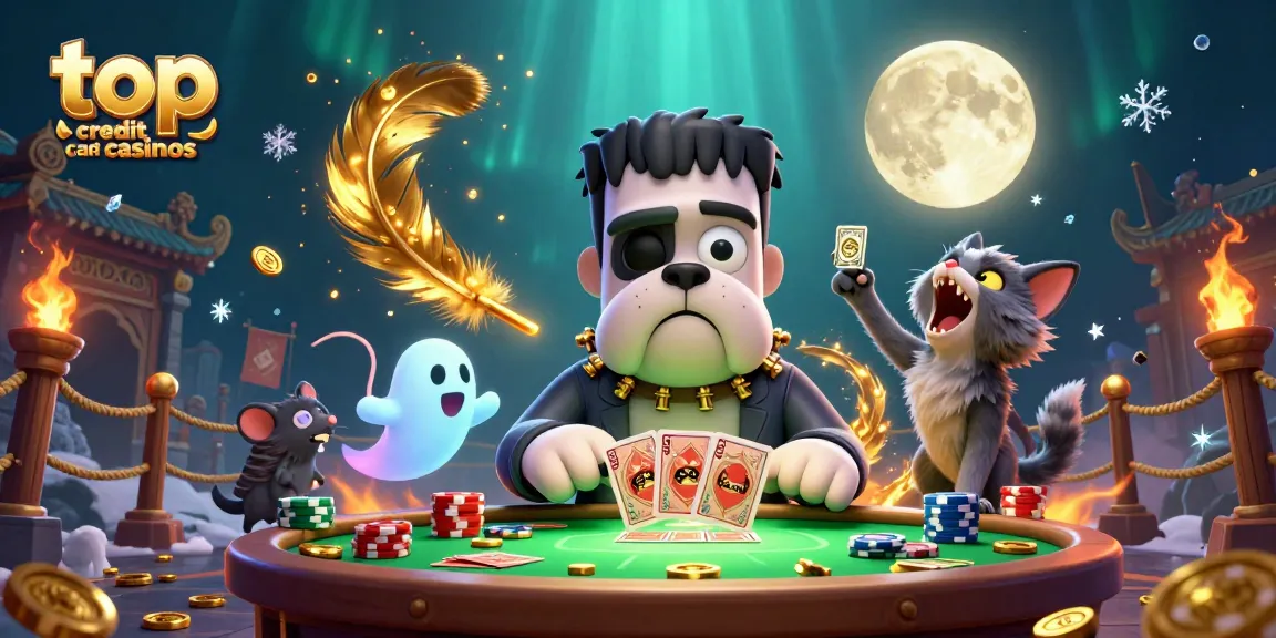 Engaging 3D scene of top credit card casinos with colorful characters, showcasing card dealing at an exciting casino table.