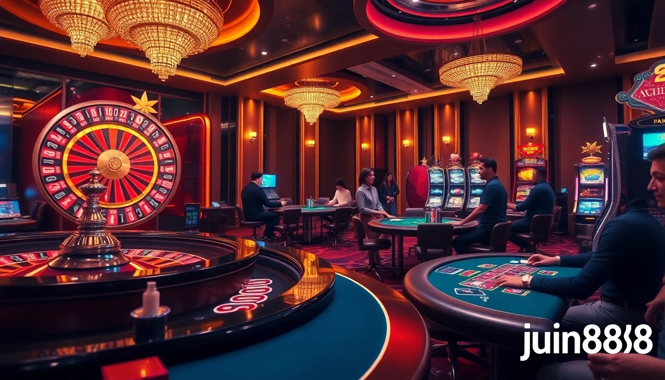 Experience the thrill of Jun888 with luxurious casino gaming featuring roulette and poker tables.